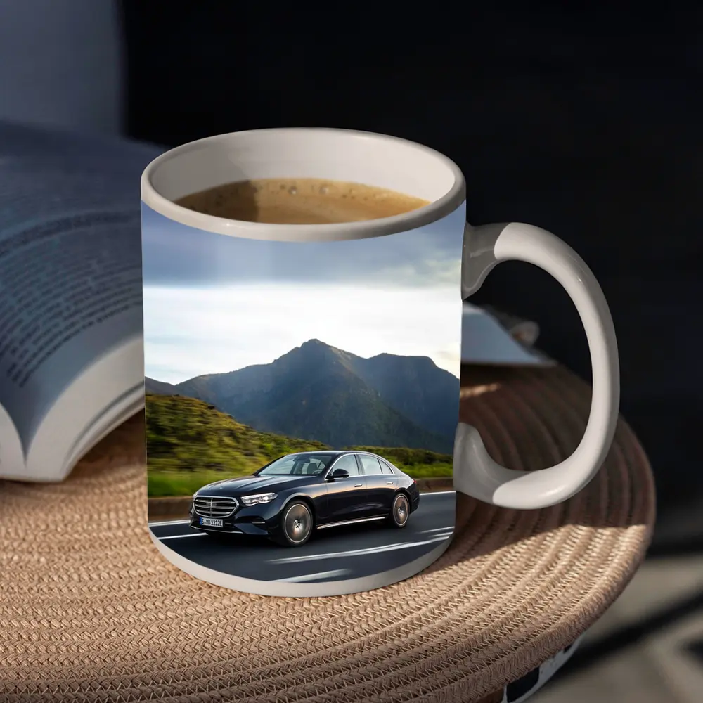 Mercedes E-Class Driving Through Mountain Road – Mugs
