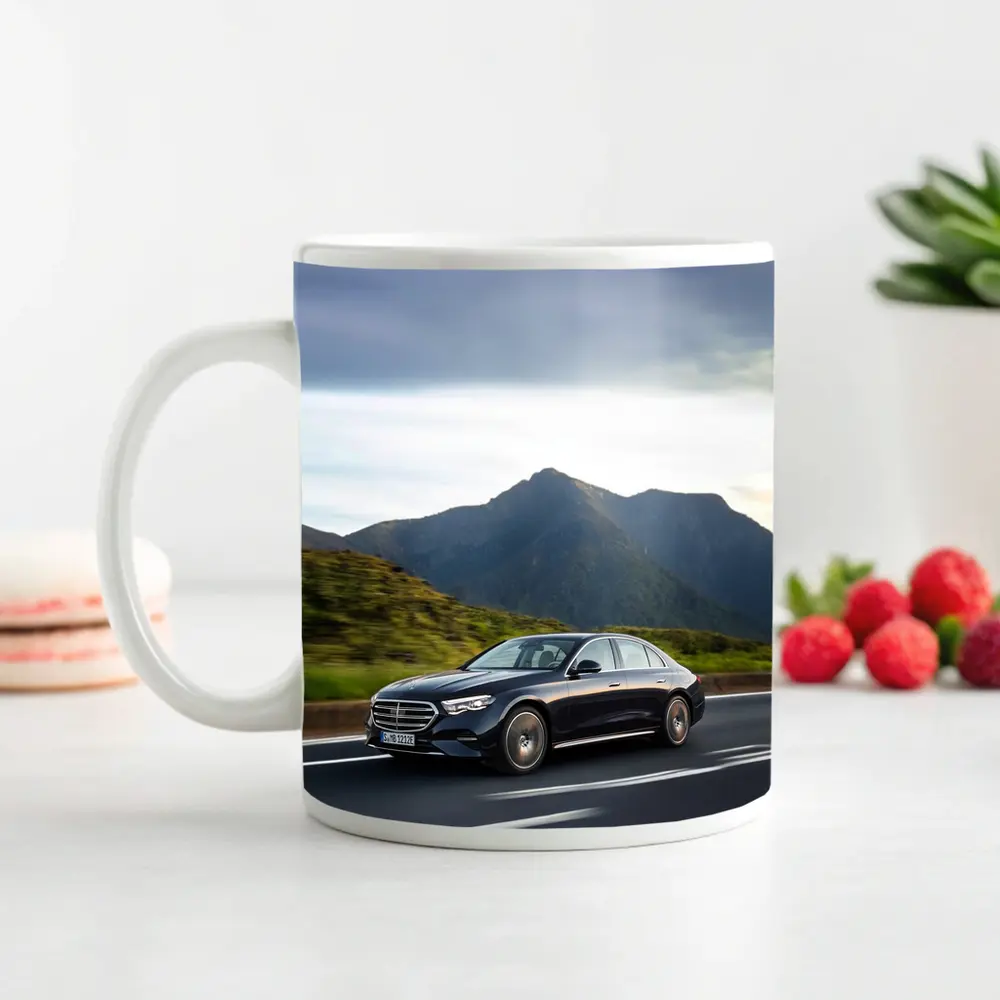 Mercedes E-Class Driving Through Mountain Road – Mugs