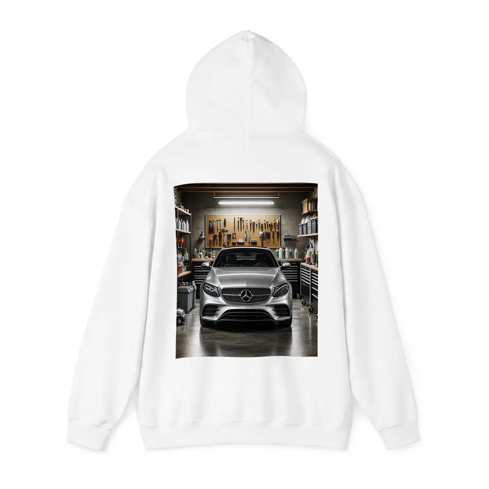 Mercedes E Class Silver Car In Garage – Hoodies