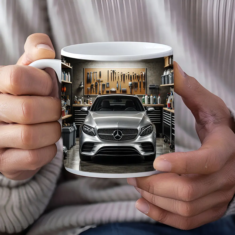Mercedes E Class Silver Car In Garage – Mugs