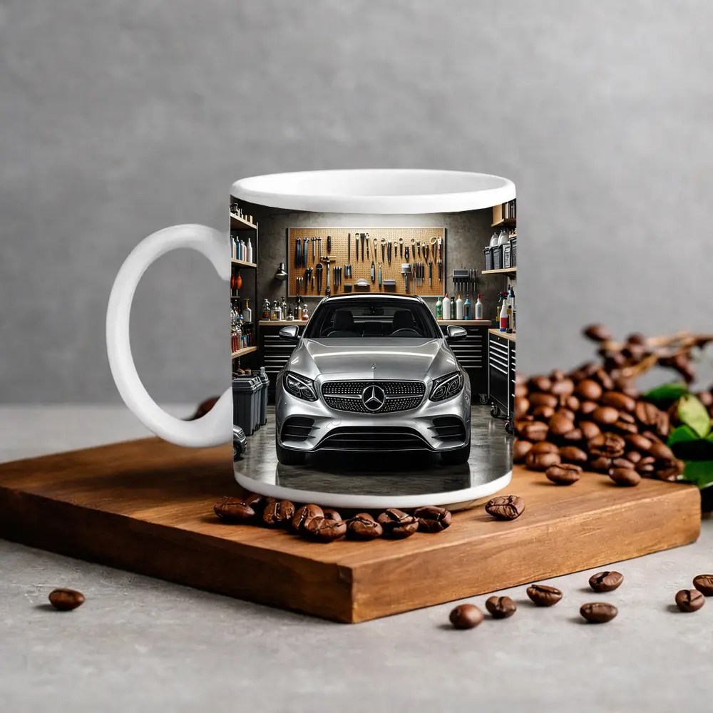 Mercedes E Class Silver Car In Garage – Mugs