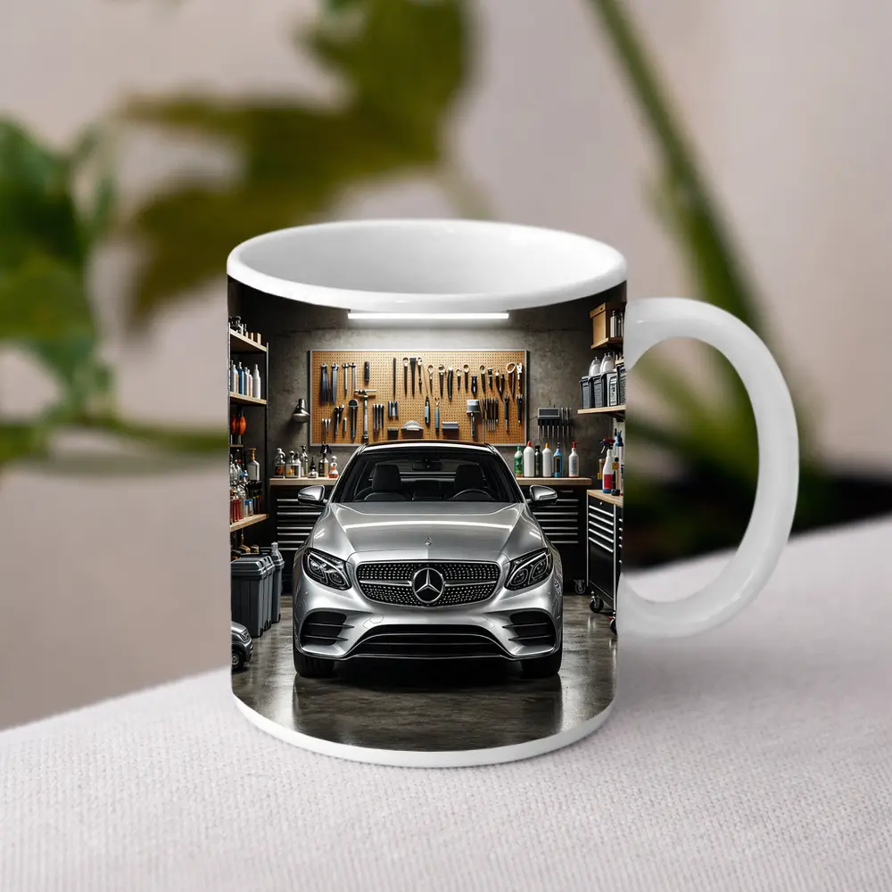 Mercedes E Class Silver Car In Garage – Mugs