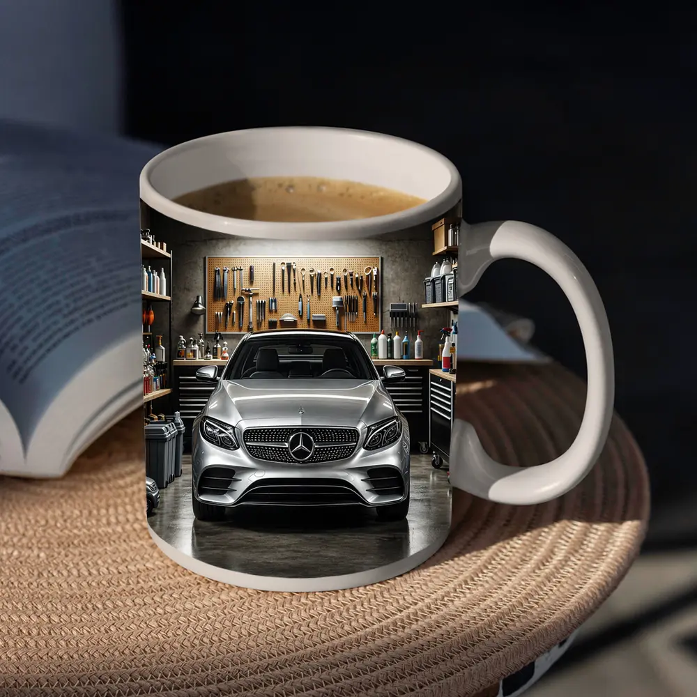 Mercedes E Class Silver Car In Garage – Mugs