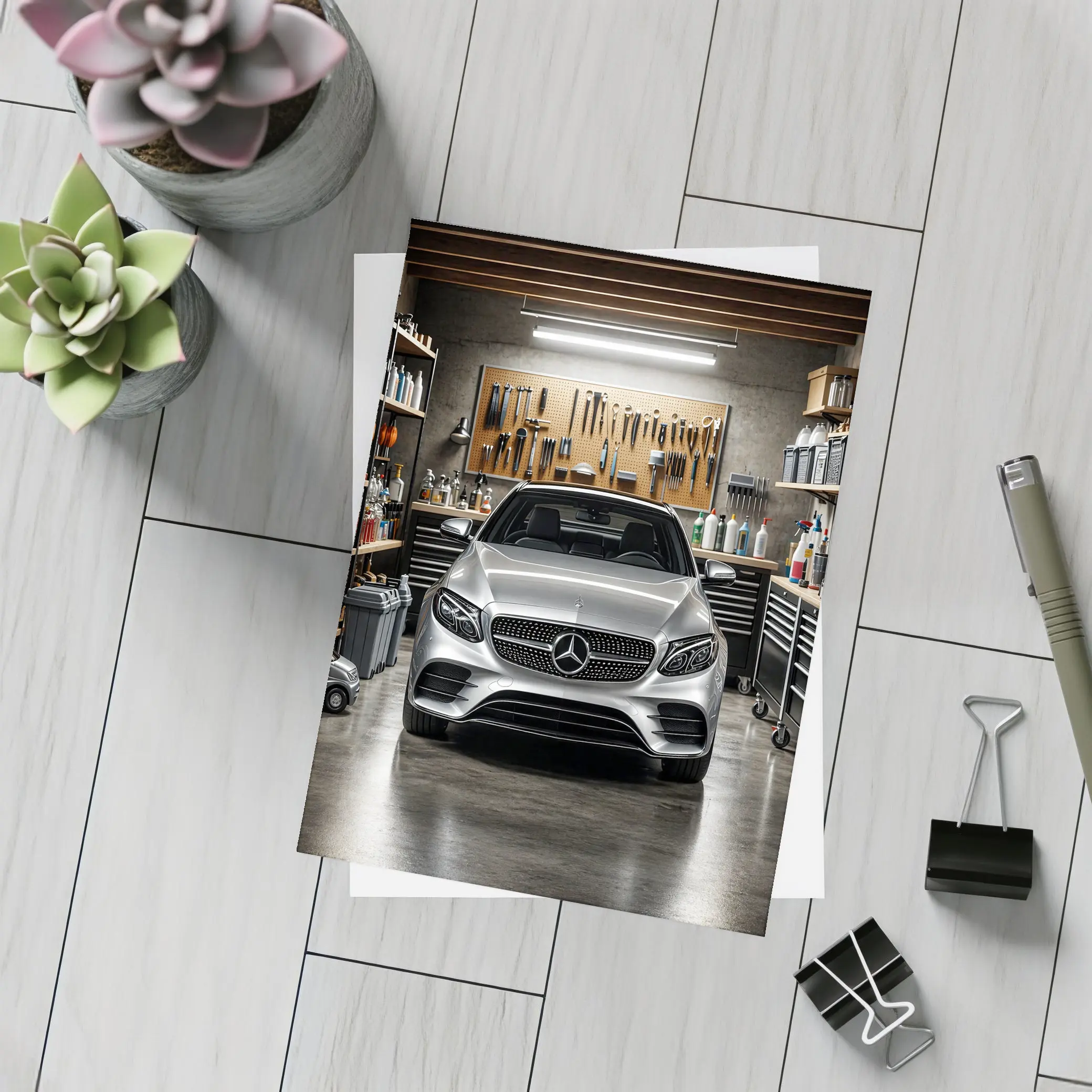 Mercedes E Class Silver Car In Garage – Postcards