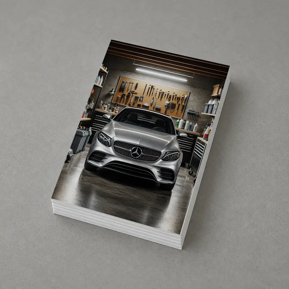 Mercedes E Class Silver Car In Garage – Postcards