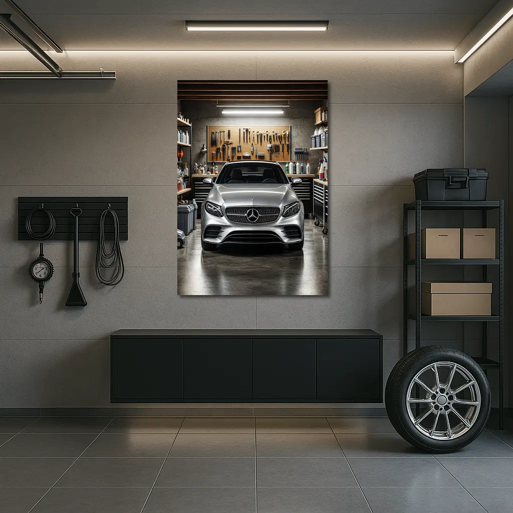 Mercedes E Class Silver Car In Garage – Wall Art