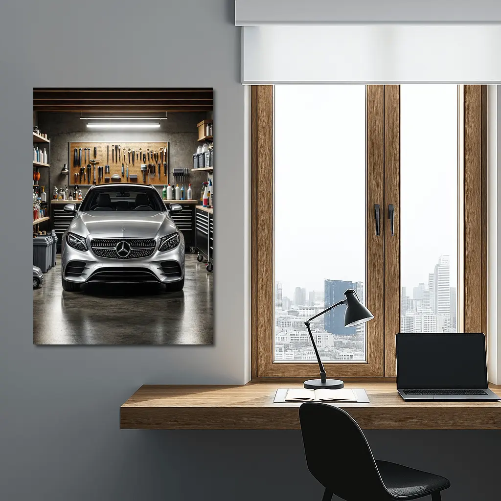 Mercedes E Class Silver Car In Garage – Wall Art