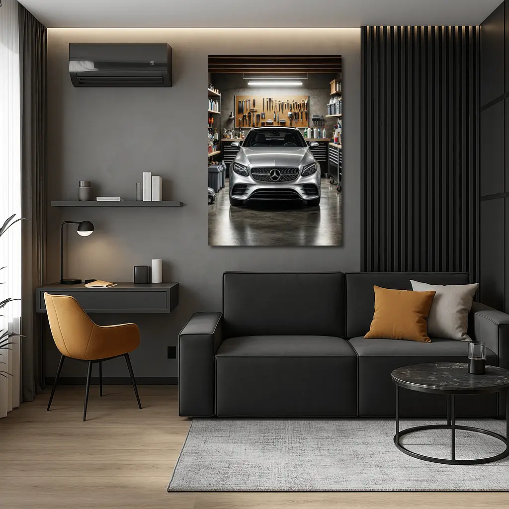 Mercedes E Class Silver Car In Garage – Wall Art