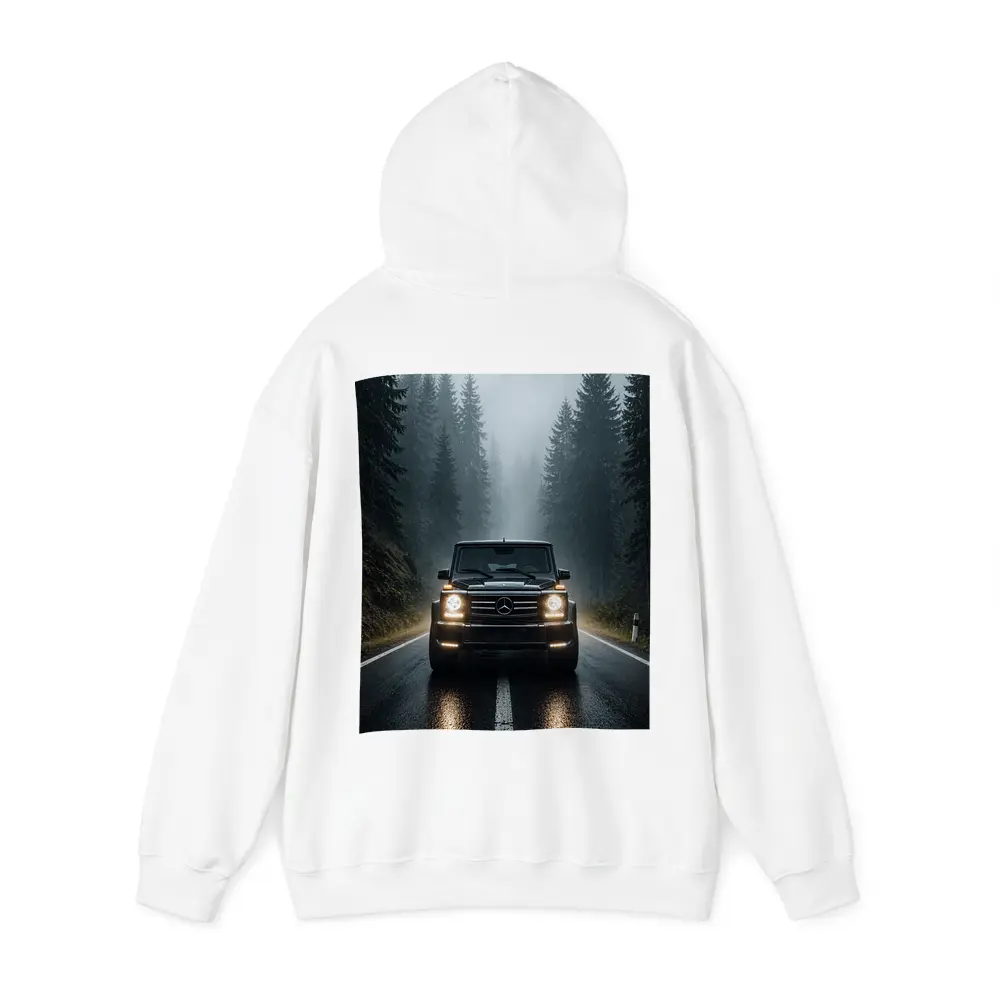 Mercedes G Class on Foggy Forest Road – Hoodies