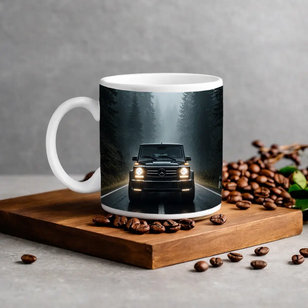 Mercedes G Class on Foggy Forest Road – Mugs