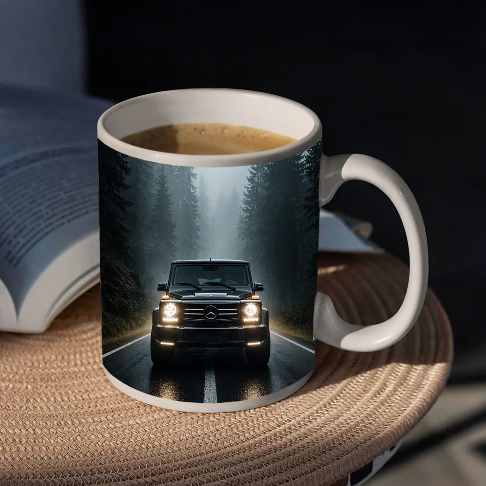 Mercedes G Class on Foggy Forest Road – Mugs