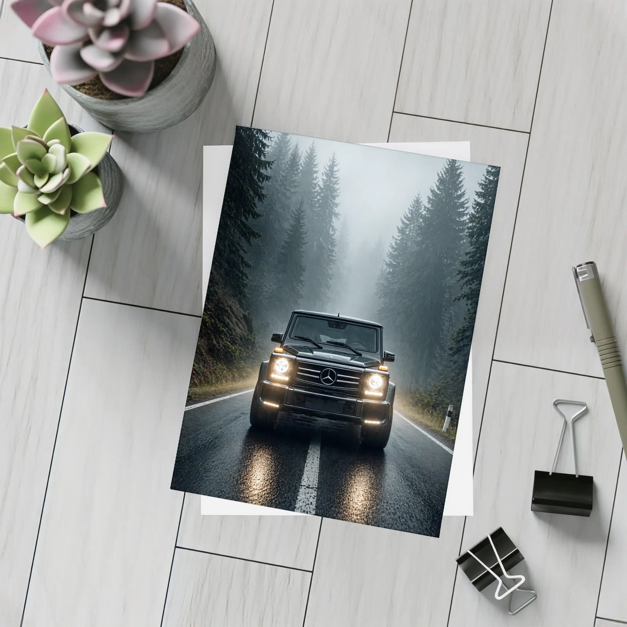 Mercedes G Class on Foggy Forest Road – Postcards