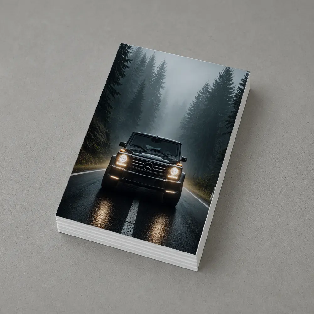 Mercedes G Class on Foggy Forest Road – Postcards