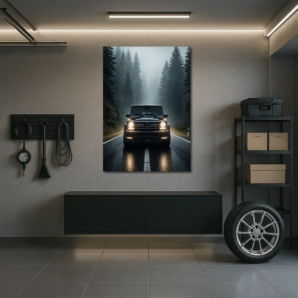 Mercedes G Class on Foggy Forest Road – Wall Art