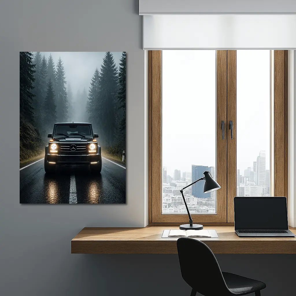Mercedes G Class on Foggy Forest Road – Wall Art