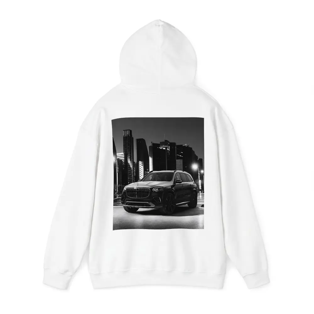 Mercedes GLS Night City Monochrome Street Scene – Hoodies