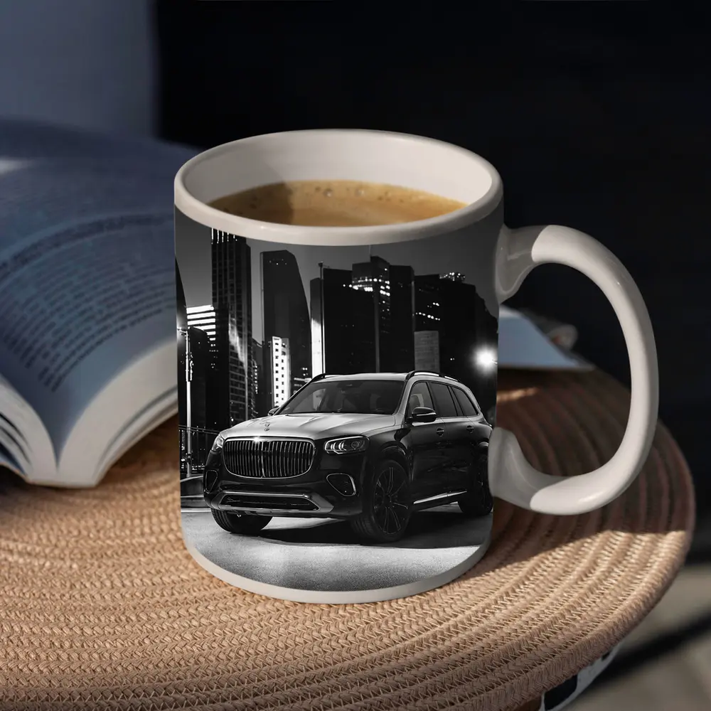 Mercedes GLS Night City Monochrome Street Scene – Mugs