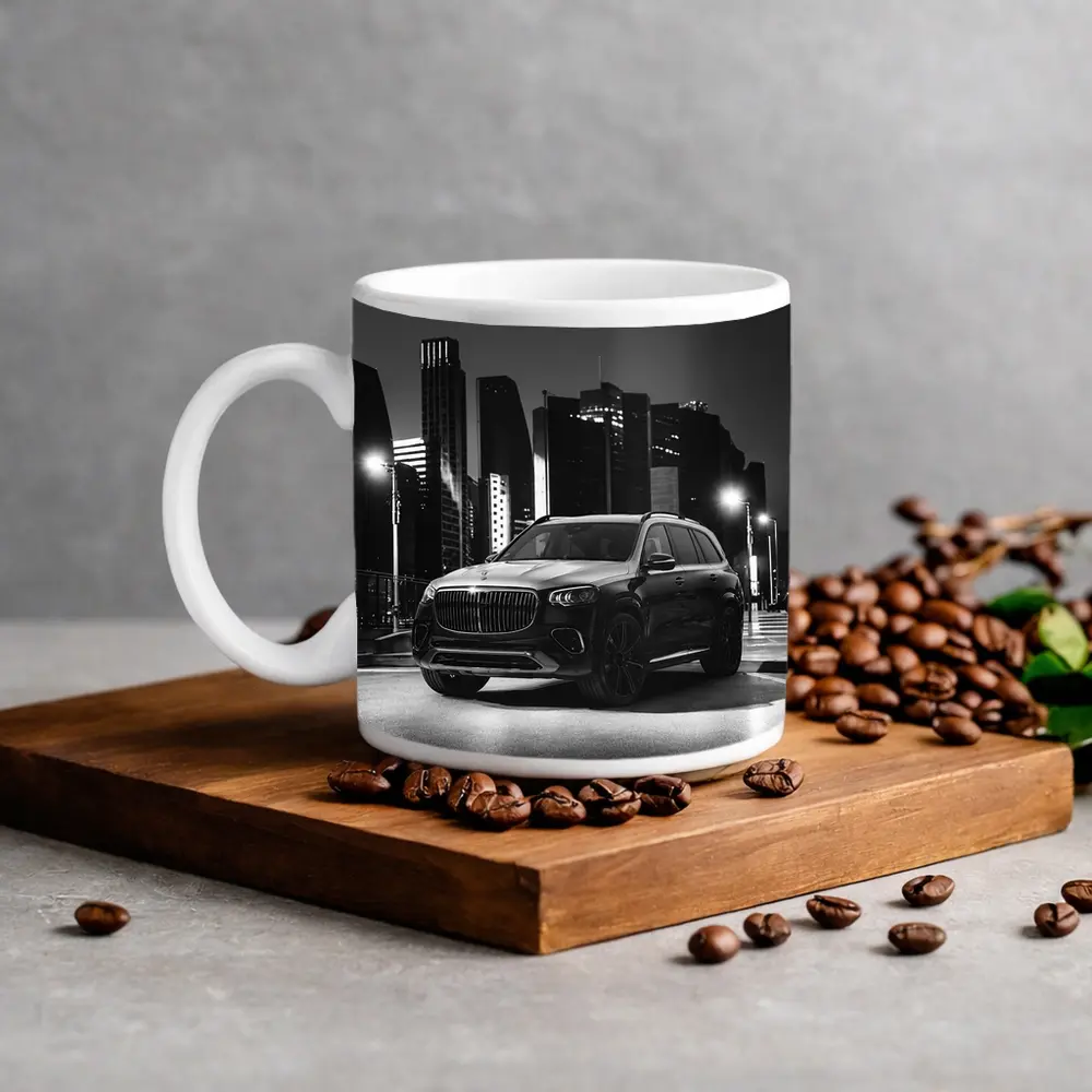 Mercedes GLS Night City Monochrome Street Scene – Mugs