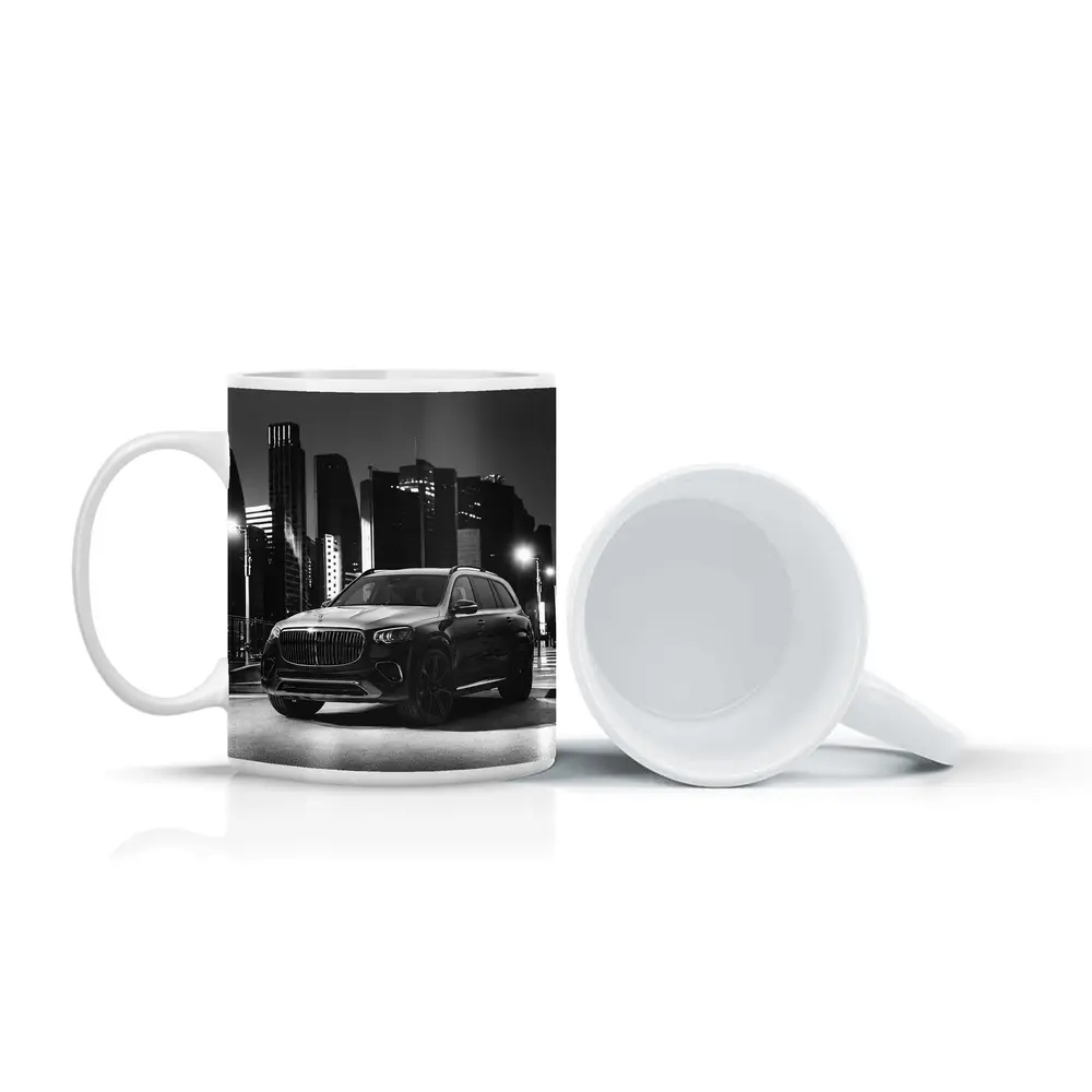 Mercedes GLS Night City Monochrome Street Scene – Mugs