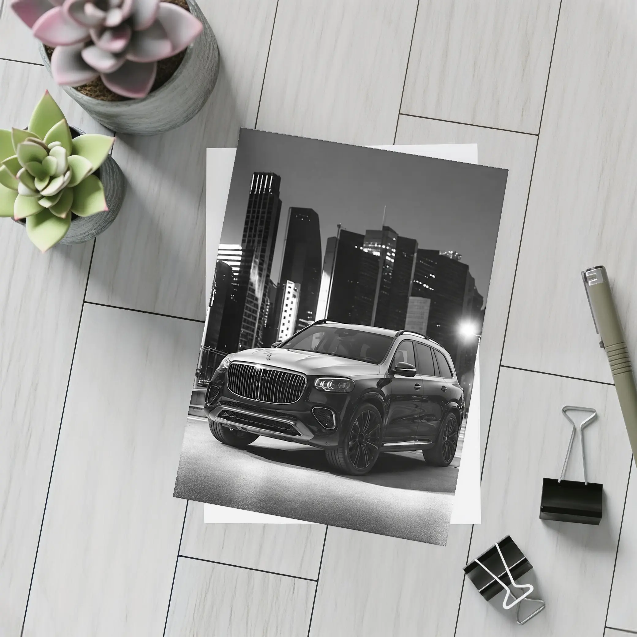 Mercedes GLS Night City Monochrome Street Scene – Postcards
