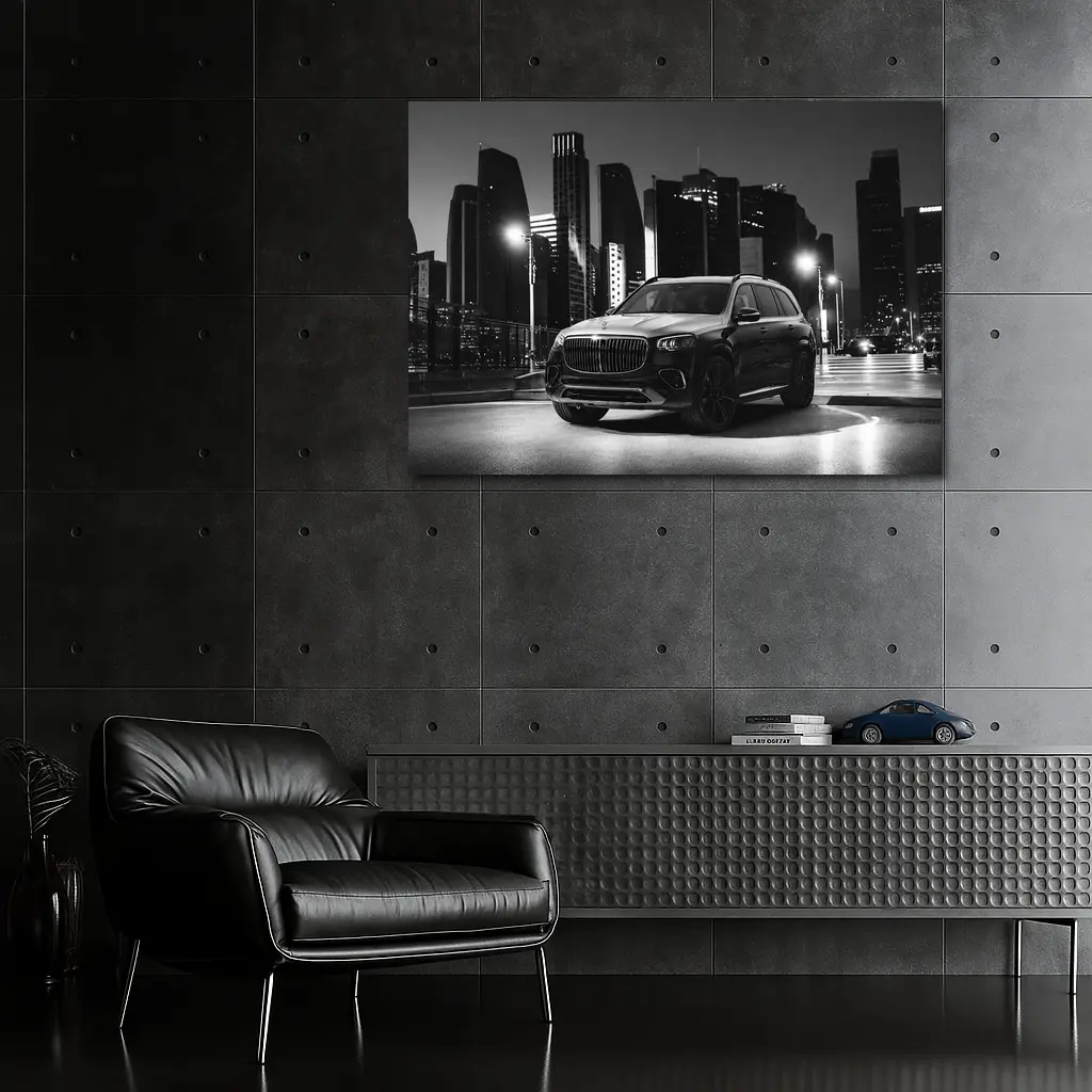Mercedes GLS Night City Monochrome Street Scene – Wall Art