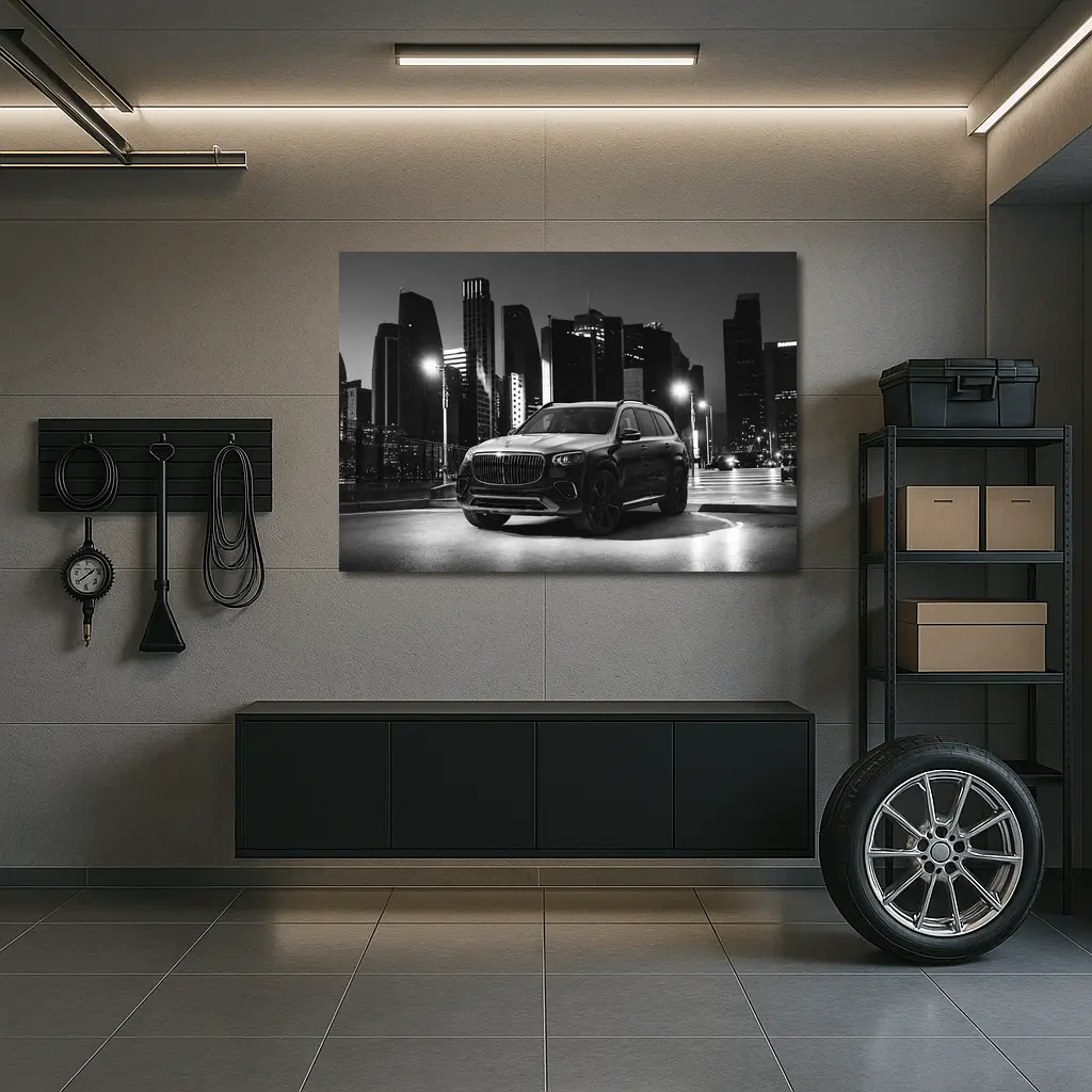 Mercedes GLS Night City Monochrome Street Scene – Wall Art