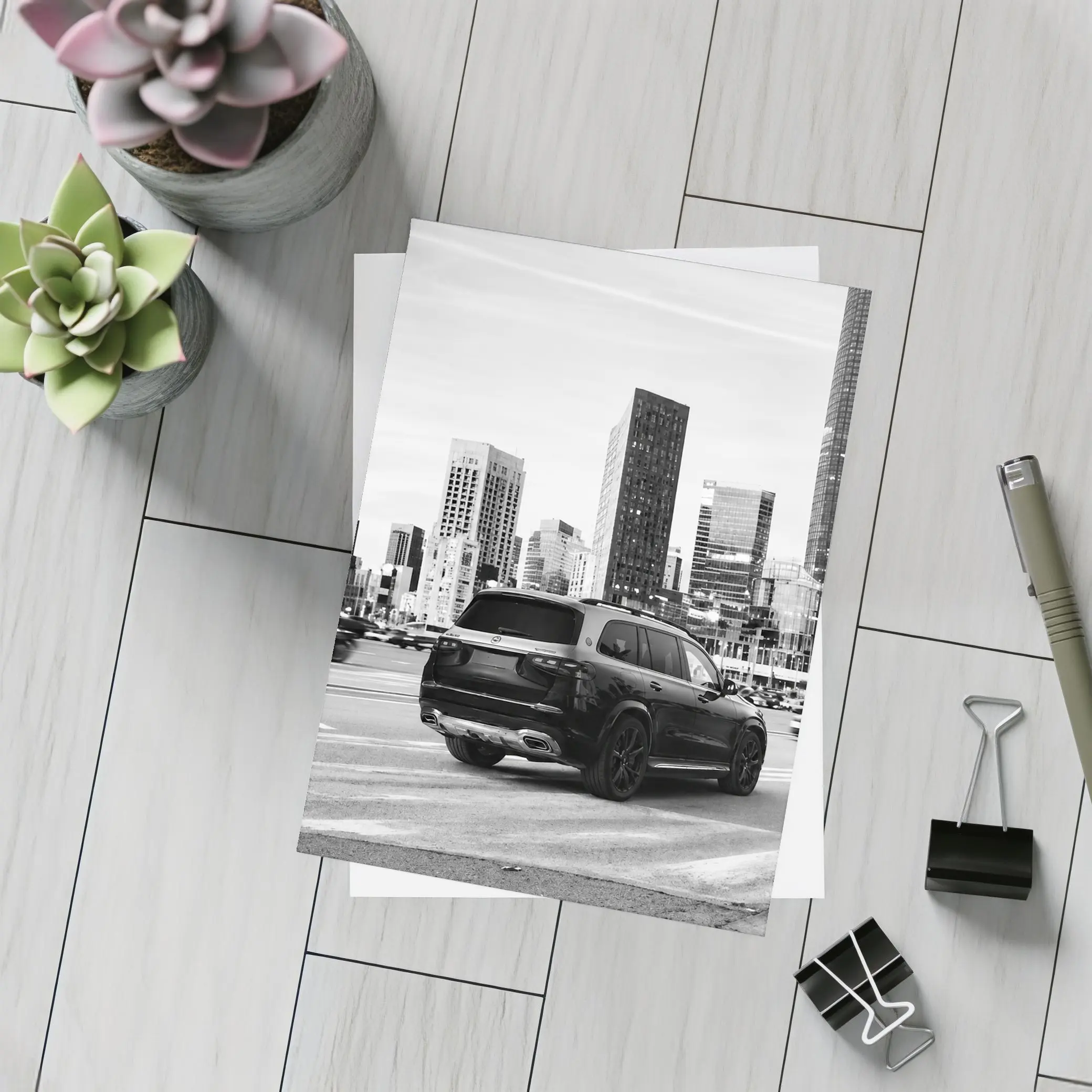 Mercedes GLS Black SUV City Skyline – Postcards