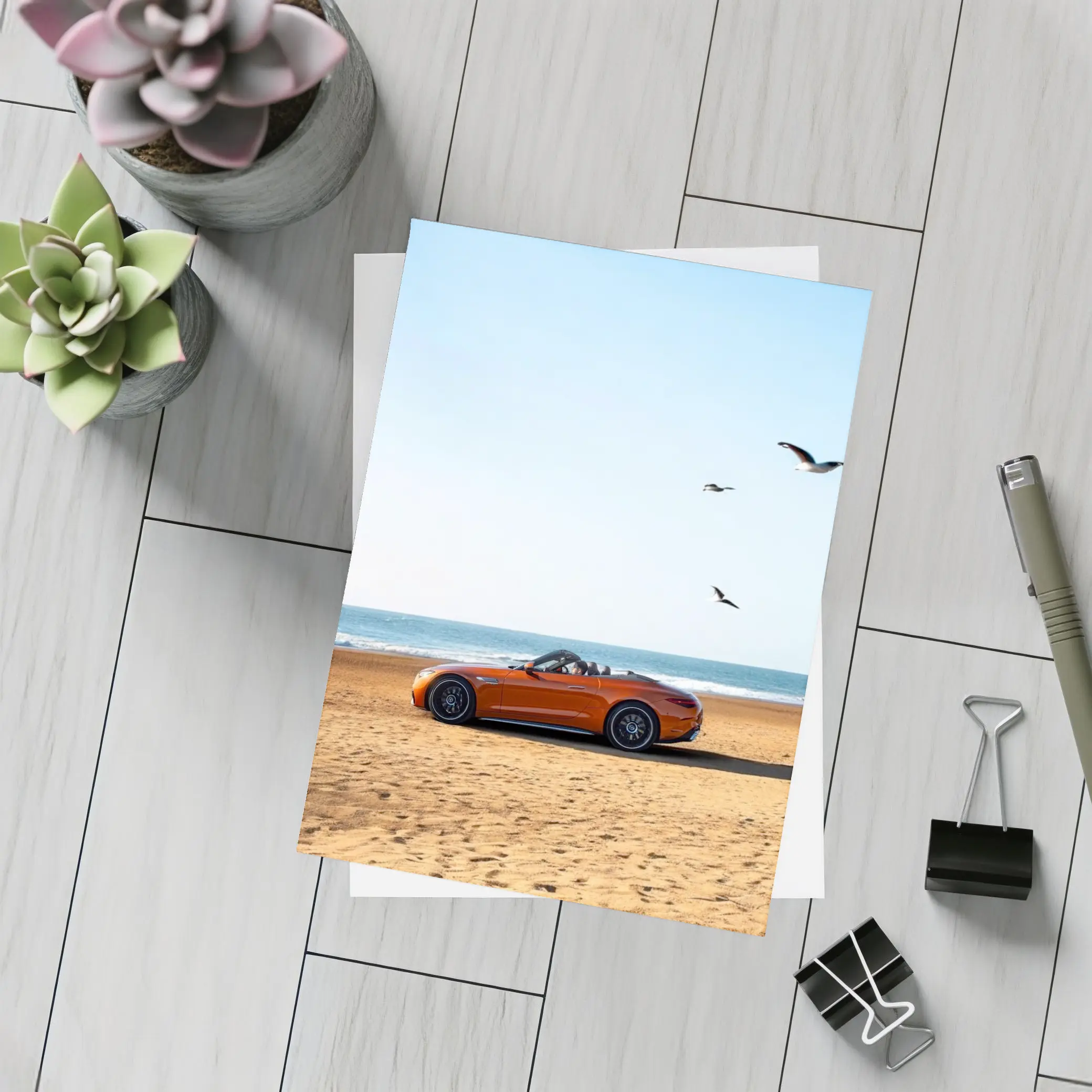 Mercedes SL Class Roadster On Sandy Beach – Postcards