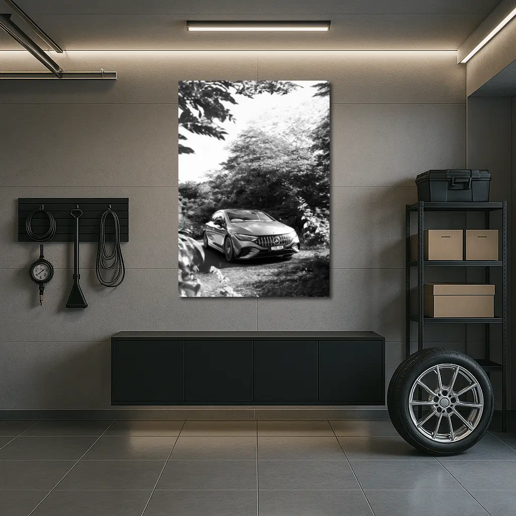 Mercedes AMG EQE Black White Forest Setting – Wall Art