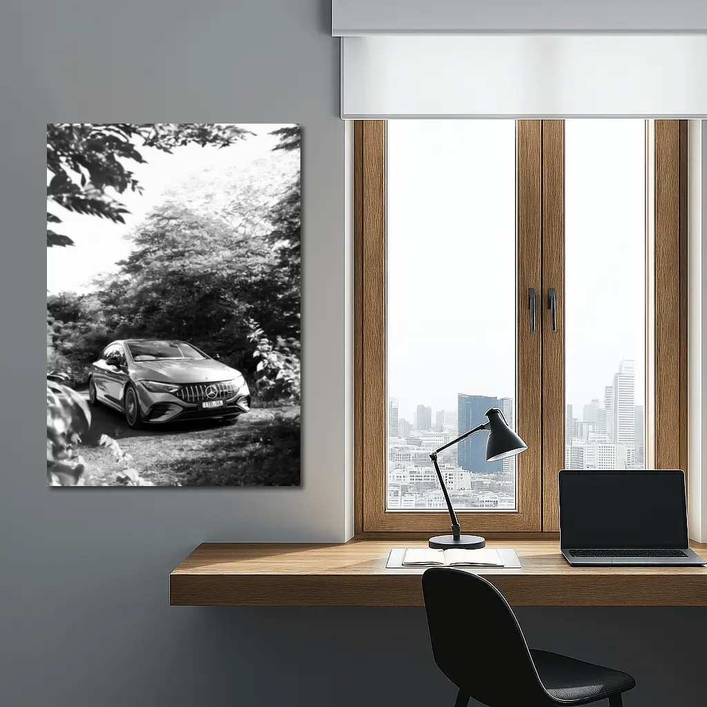 Mercedes AMG EQE Black White Forest Setting – Wall Art