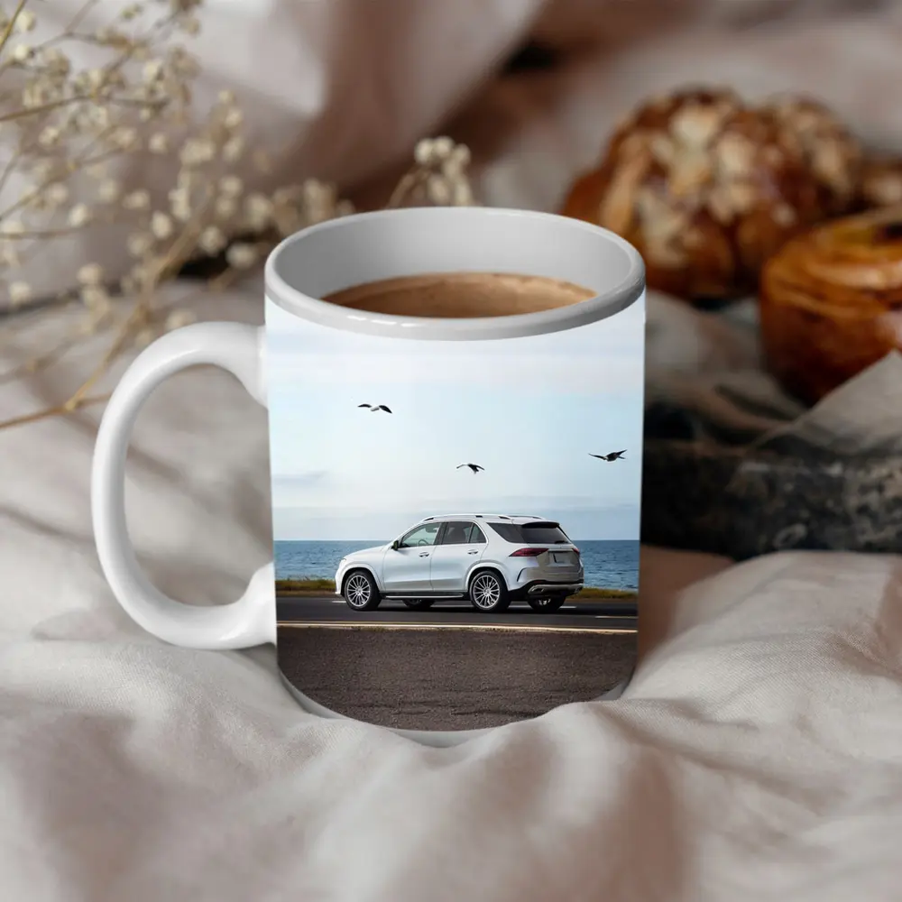 Mercedes GLE White SUV Coastal Road Drive – Mugs
