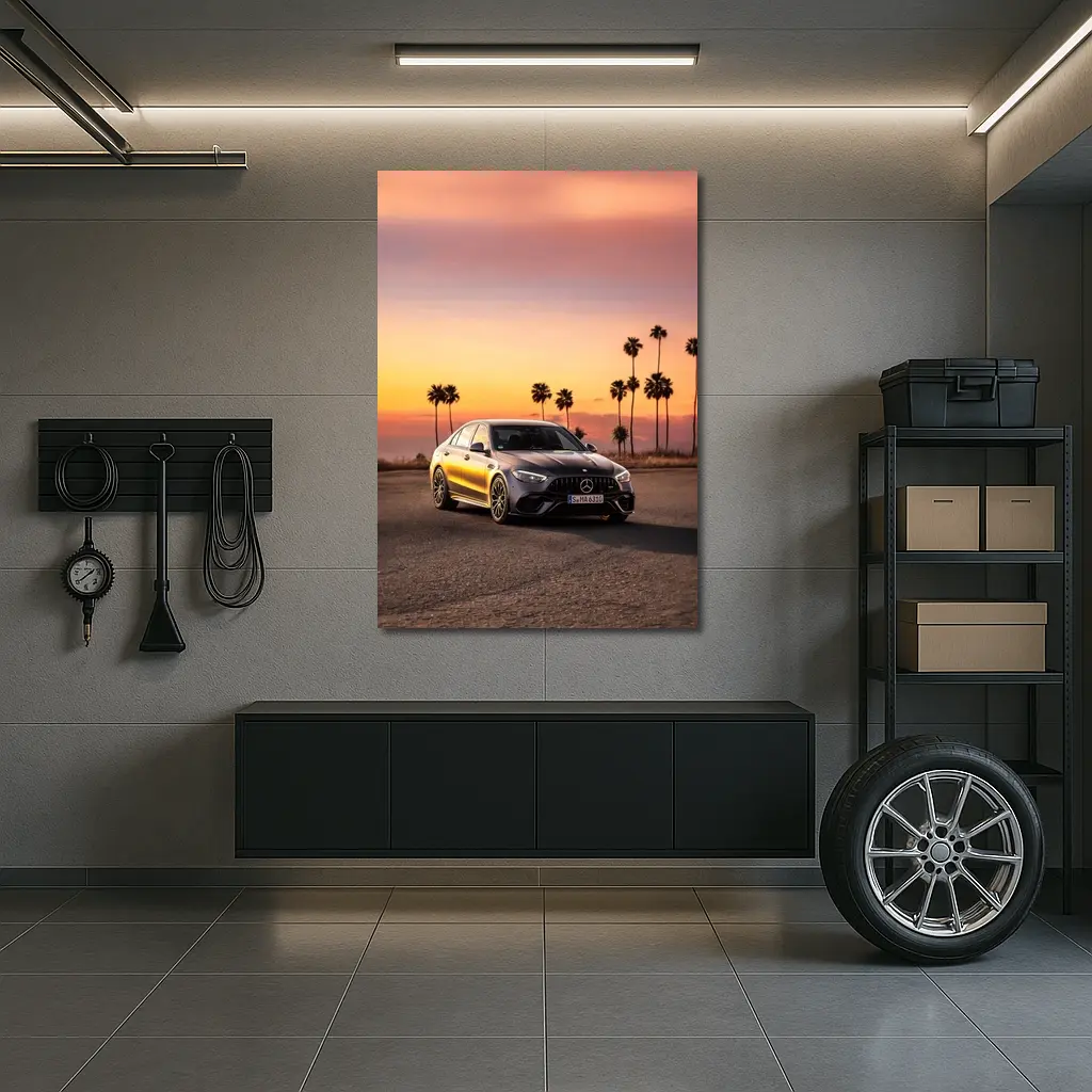 Mercedes AMG C63 Sunset Palm Trees – Wall Art