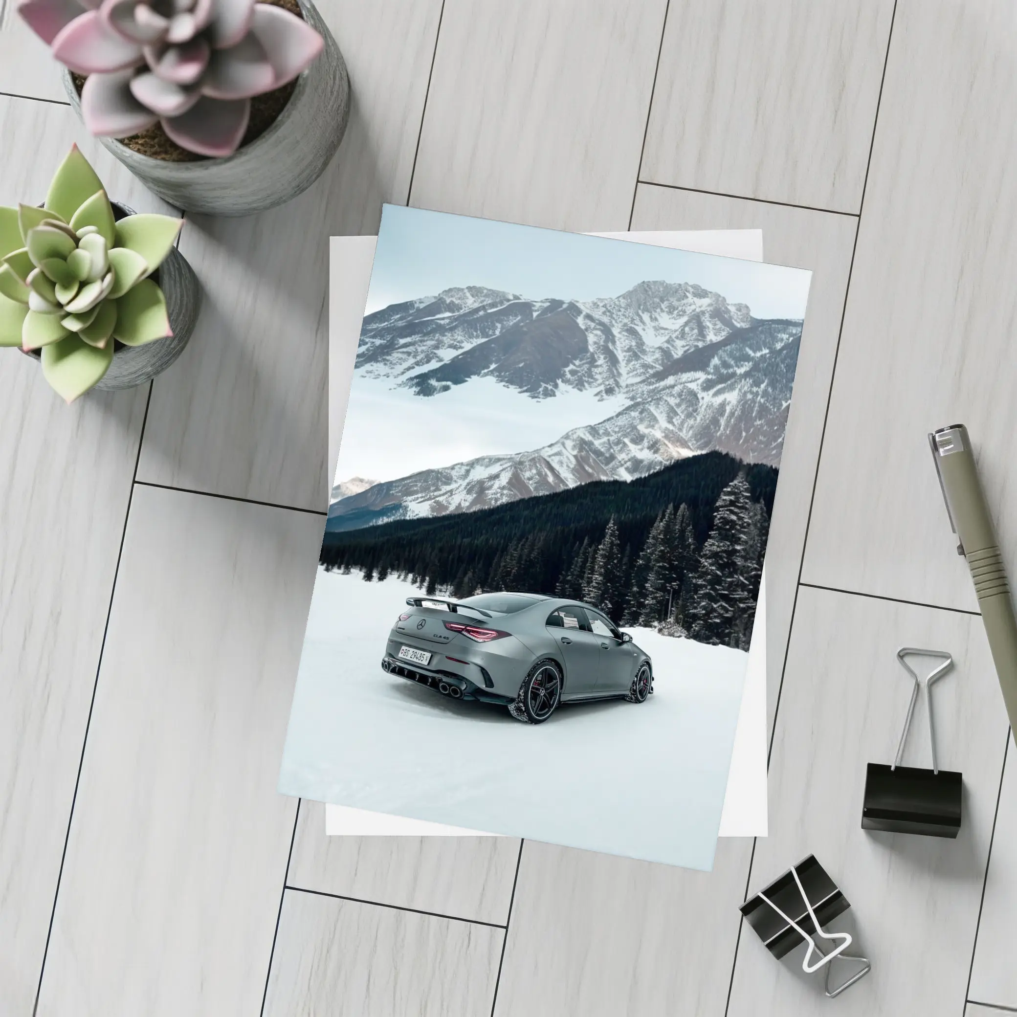 Mercedes AMG CLA Coupe Snowy Mountain Scene – Postcards