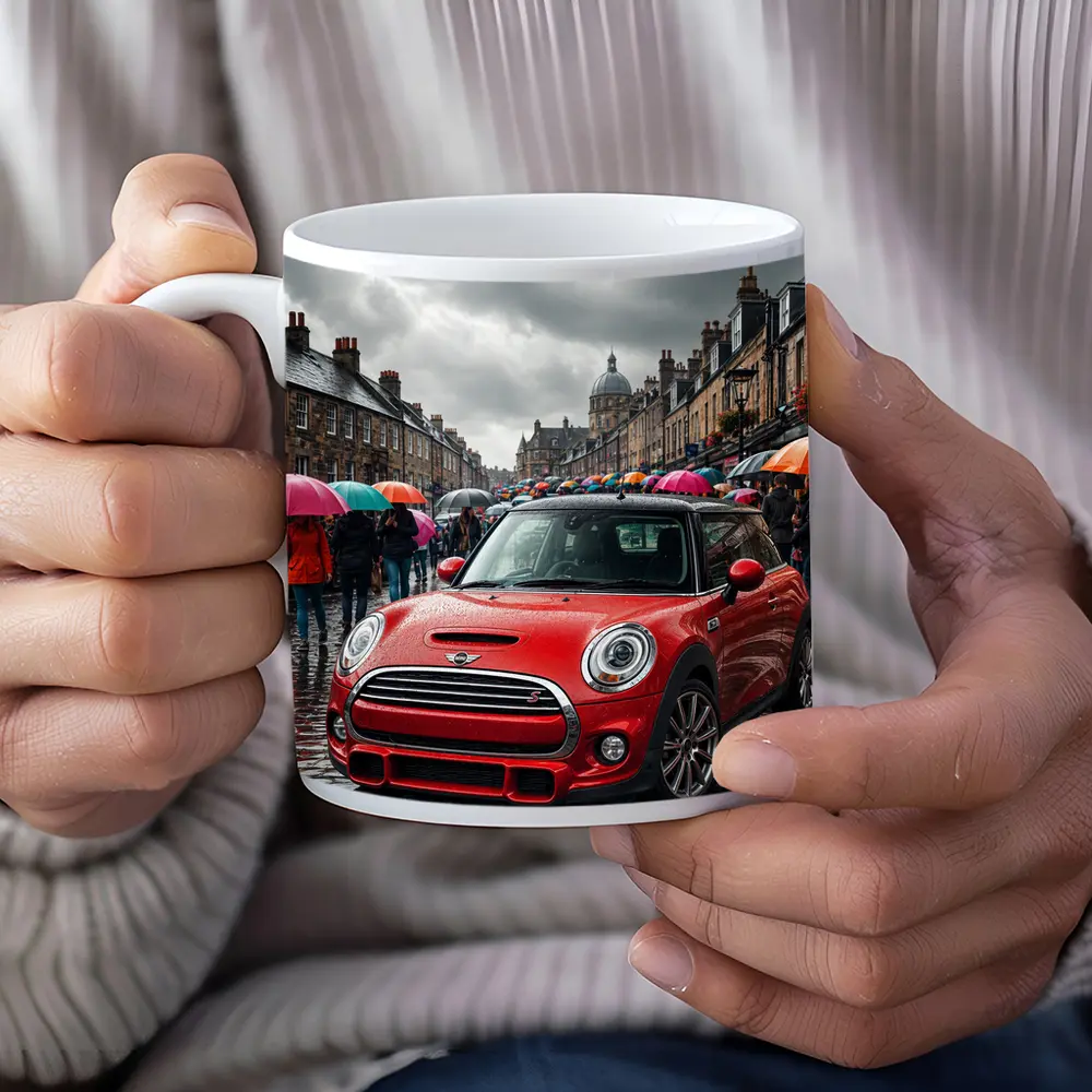 Mini Cooper S Red Rainy City Street – Mugs