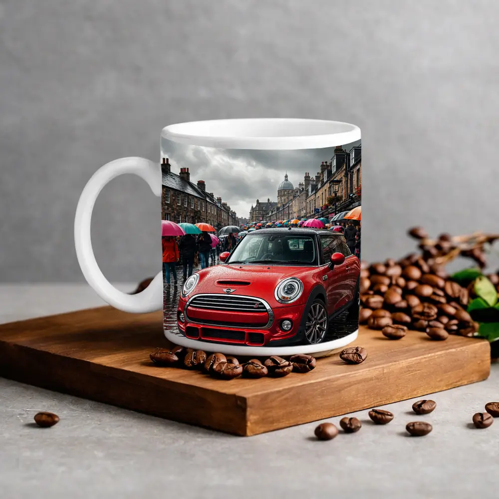 Mini Cooper S Red Rainy City Street – Mugs