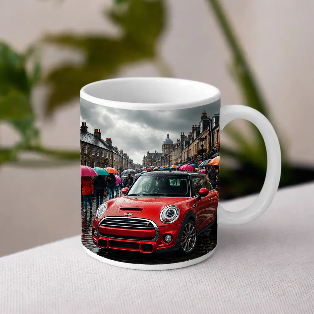 Mini Cooper S Red Rainy City Street – Mugs