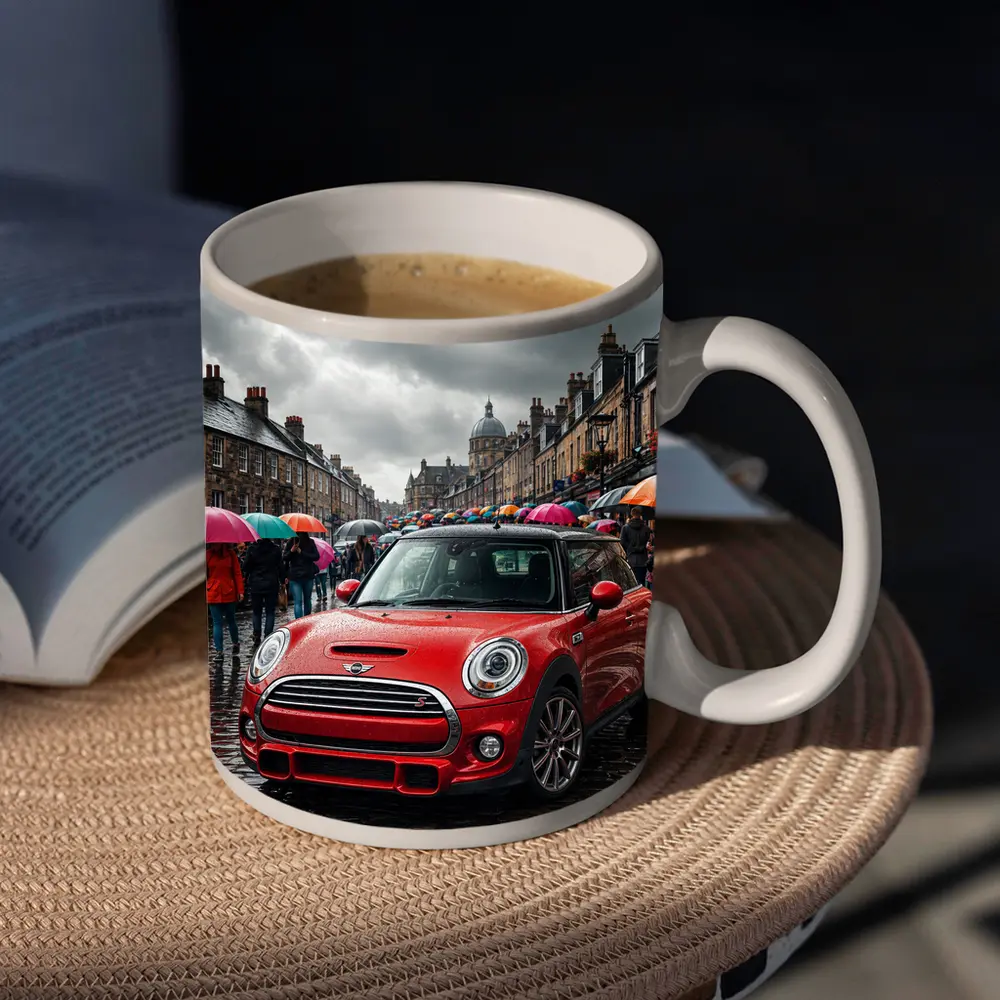 Mini Cooper S Red Rainy City Street – Mugs