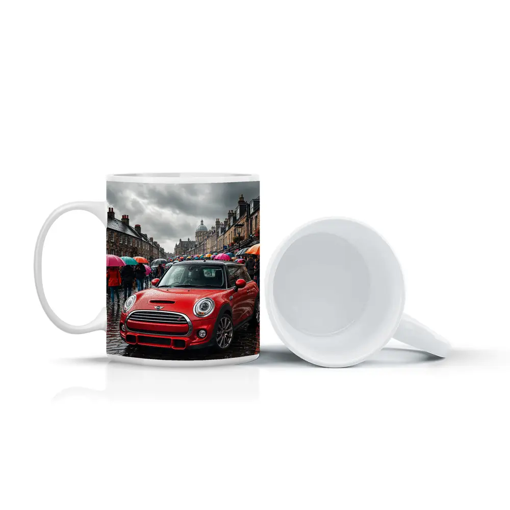 Mini Cooper S Red Rainy City Street – Mugs