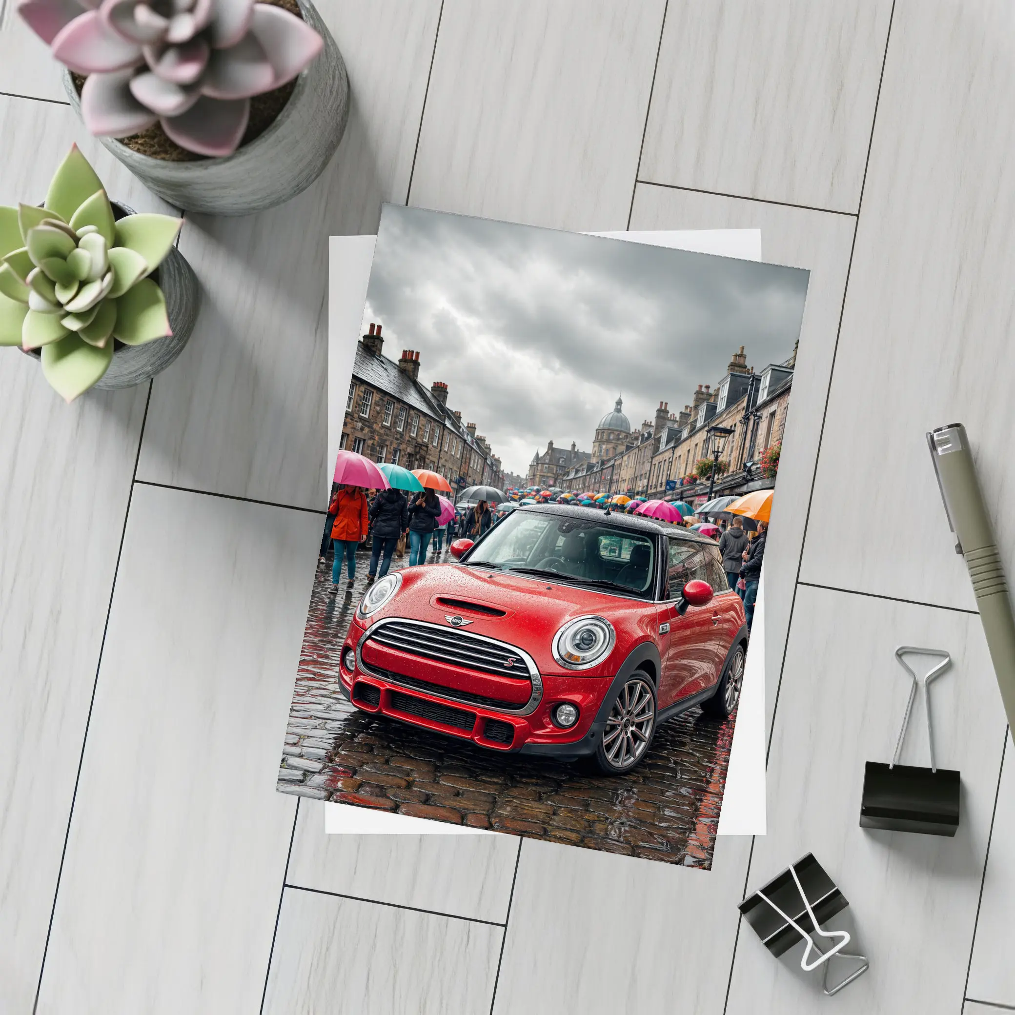 Mini Cooper S Red Rainy City Street – Postcards