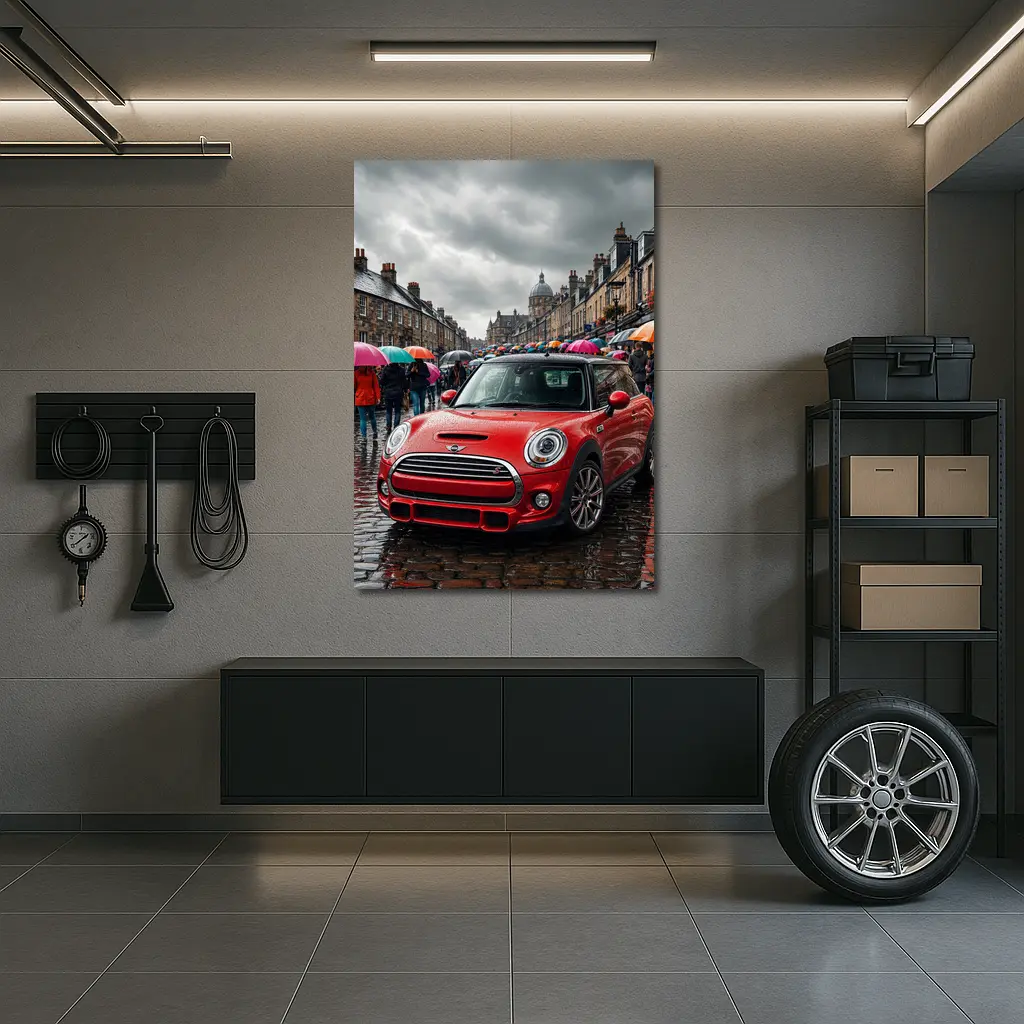 Mini Cooper S Red Rainy City Street – Wall Art