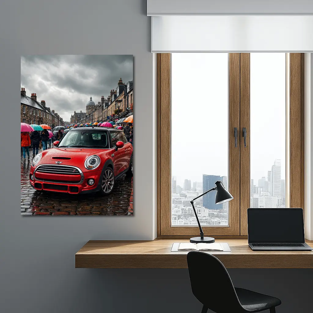 Mini Cooper S Red Rainy City Street – Wall Art