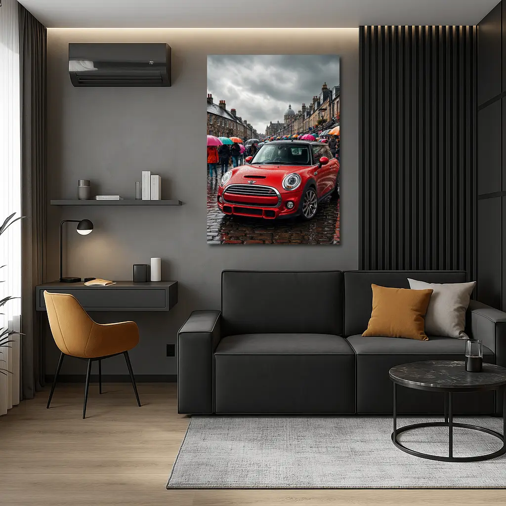 Mini Cooper S Red Rainy City Street – Wall Art