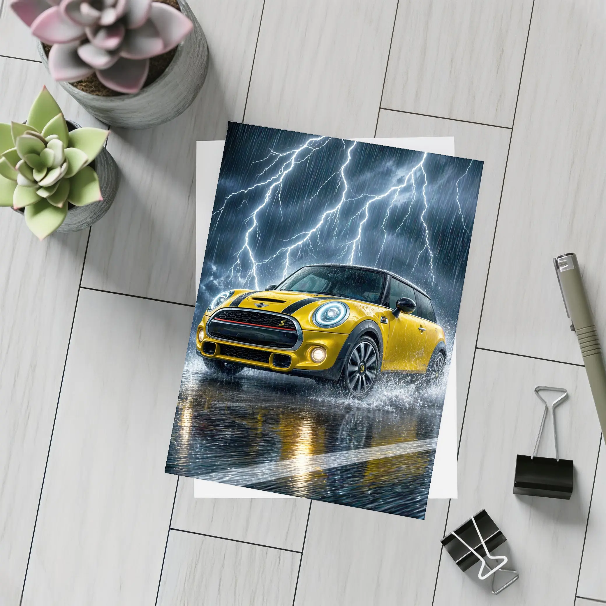 Mini Cooper S Yellow Car In Thunderstorm – Postcards