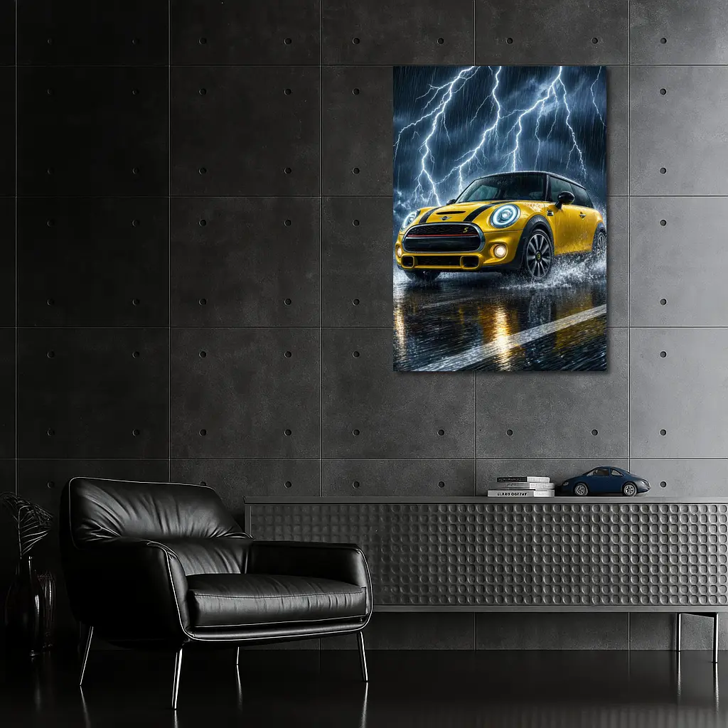 Mini Cooper S Yellow Car In Thunderstorm – Wall Art