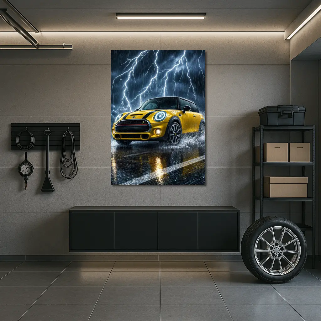 Mini Cooper S Yellow Car In Thunderstorm – Wall Art