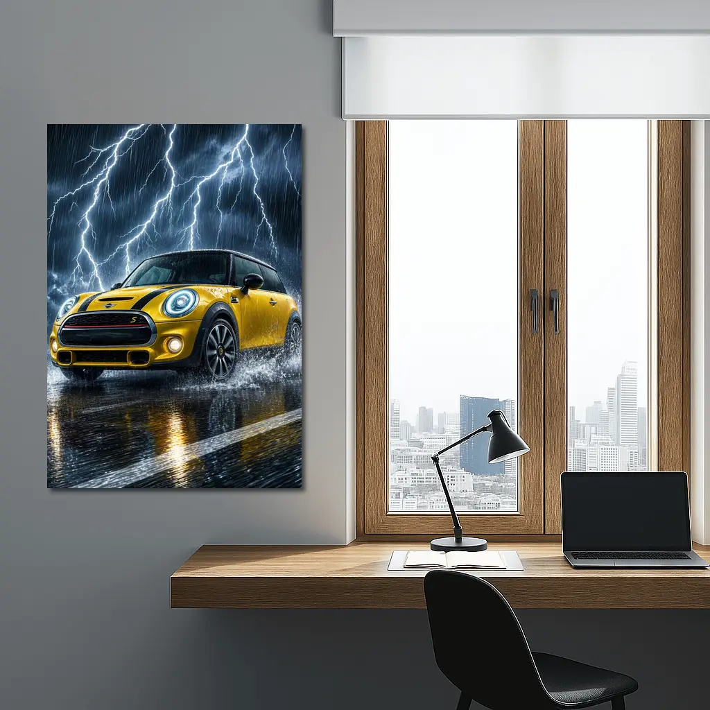Mini Cooper S Yellow Car In Thunderstorm – Wall Art