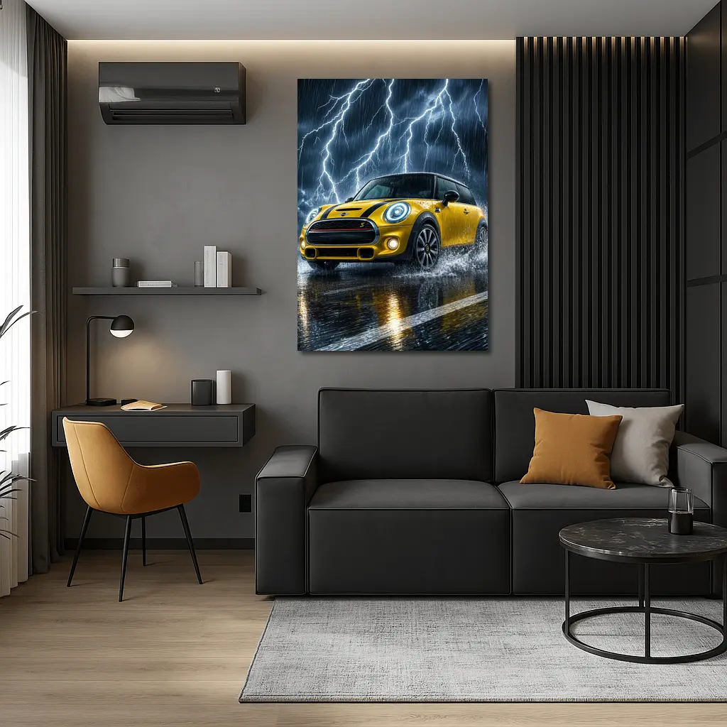 Mini Cooper S Yellow Car In Thunderstorm – Wall Art