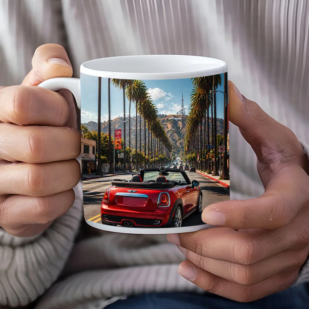 Red Mini Cooper Convertible Hollywood Boulevard Drive – Mugs