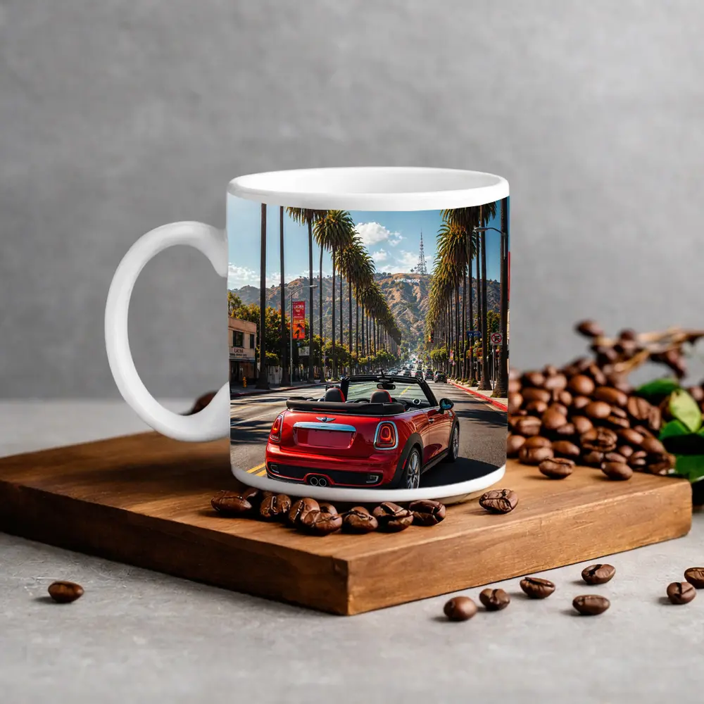 Red Mini Cooper Convertible Hollywood Boulevard Drive – Mugs