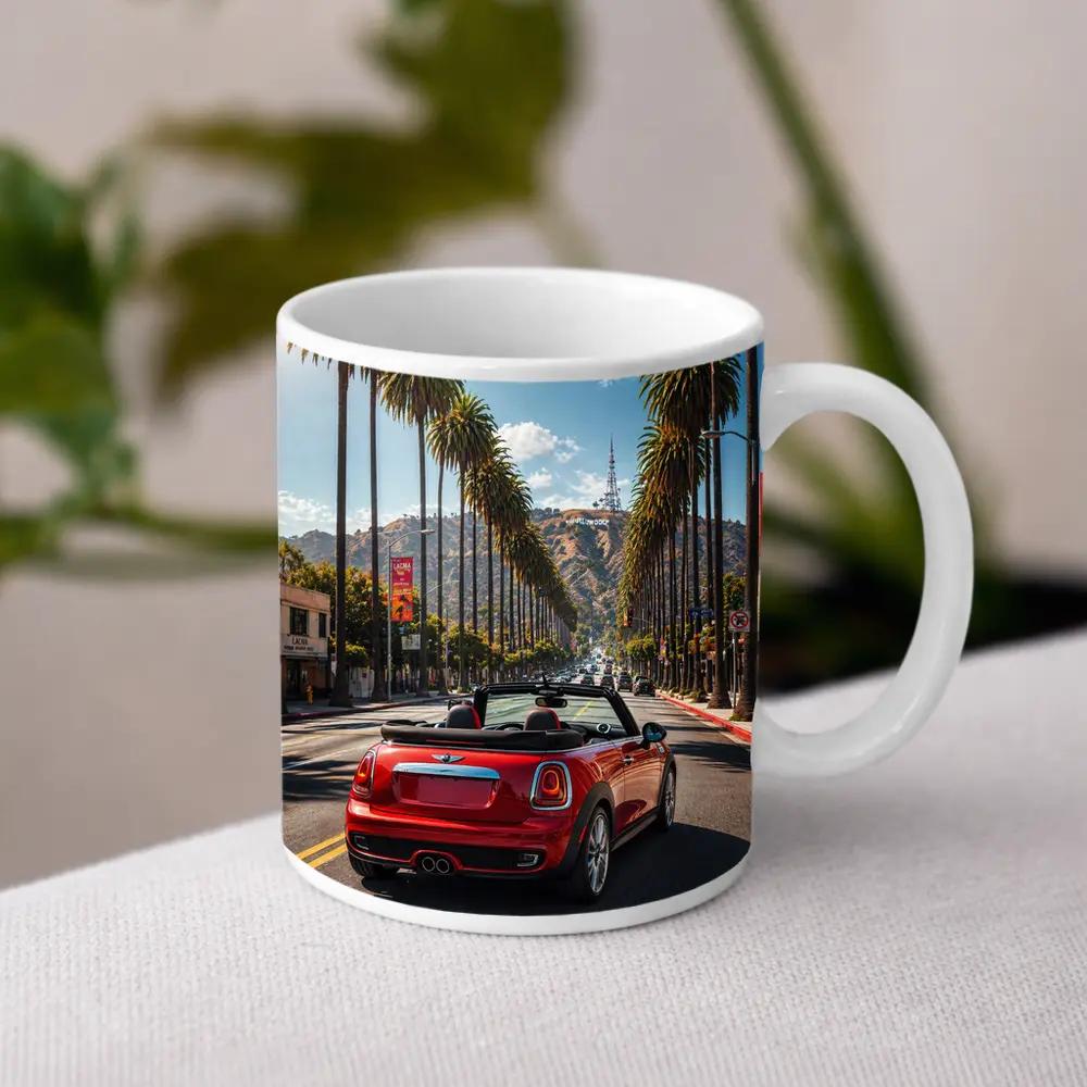 Red Mini Cooper Convertible Hollywood Boulevard Drive – Mugs
